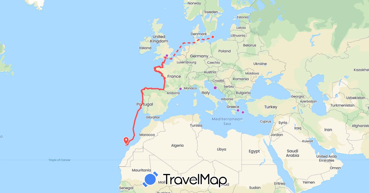 TravelMap itinerary: train, hiking in Denmark, Spain, France, United Kingdom, Greece, Croatia, Jersey, Portugal (Europe)